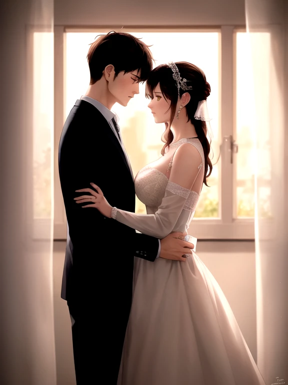 a couple in front of a wedding church,manga style art,manga style art,manga style art