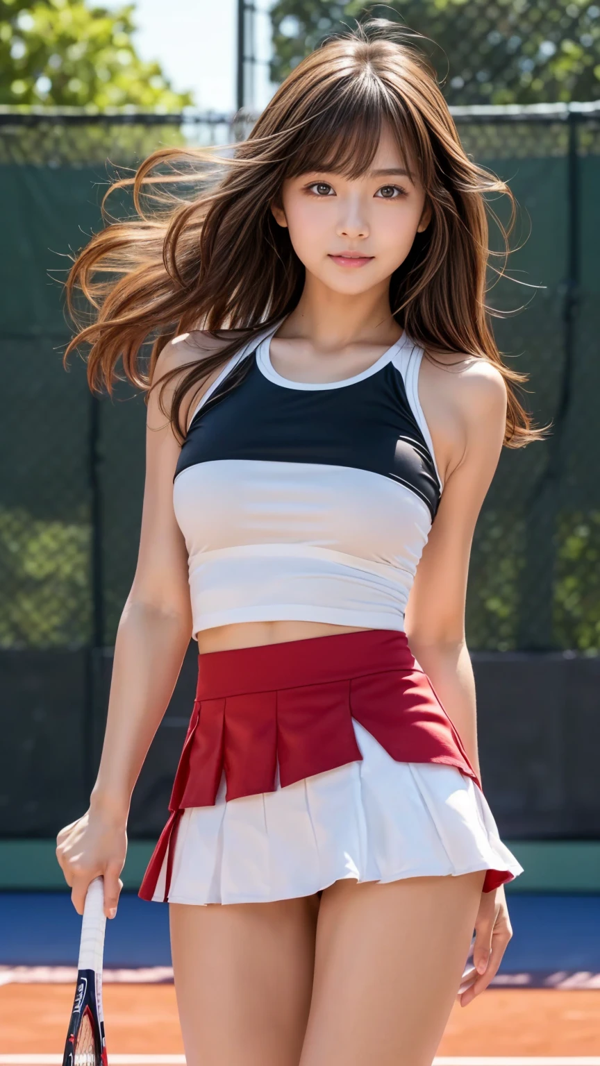 highest quality, masterpiece, Ultra-high resolution, (Realistic:1.4), RAW Photos, 32K Portrait, Very detailed, Cowboy Shot, Dynamic pose,
One girl, 16 years old, mini skirt、The most famous Japanese idol、Japan's most popular cheerleader, Wearing only a white sleeveless cheerleader uniform, An innocent smile, View your viewers, Upturned buttocks,
Very cute face, Stunningly beautiful big black eyes, Very beautiful hair, Very beautiful lips, Very beautiful skin, Very beautiful breasts, Very beautiful body, Very beautiful arms, Five perfect fingers, Very beautiful buttocks, Very beautiful thighs,
Detailed face, Fine grain, Detailed Hair, Detailed lips, Detailed Skin, Detailed body, Detailed Weapons, Detailed five fingers, Detailed white sleeveless cheerleader uniform, Detailed hips, Thigh details