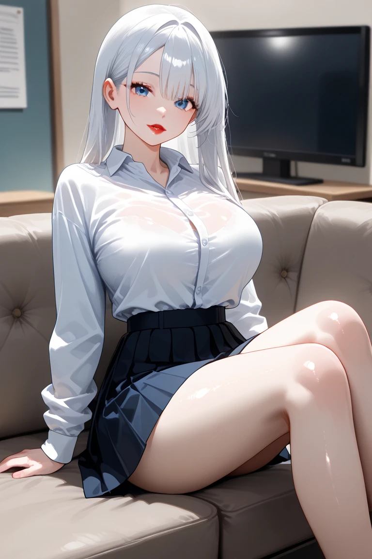(masterpiece:1.2, best quality), (real picture, intricate details), 1lady, solo, upper body, showing legs, sitting down, school , school settings, school background, long hair, minimal makeup, detailed face, smiling, really long light platinum blonde hair, bangs, hair between eyes, green eyes, big plump breasts, big ass, SFW, clothes, school PE uniform, white shirt, t-shirt, tight shirt, tight school t-shirt, white socks, sweaty socks, school PE short, gym shorts, PE shorts, sweaty, super sweaty, extreme sweat, sweat wet