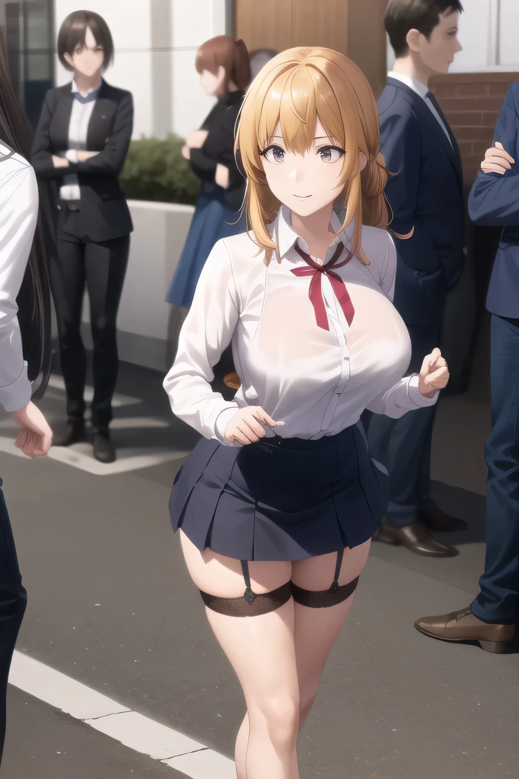Short Hair、Blonde、Nipples、tits、suit、garter belt、Insert the penis into the、Open your legs while crouching、Perfect body、Semen overflows from pussy、Surrounded by a large group of men