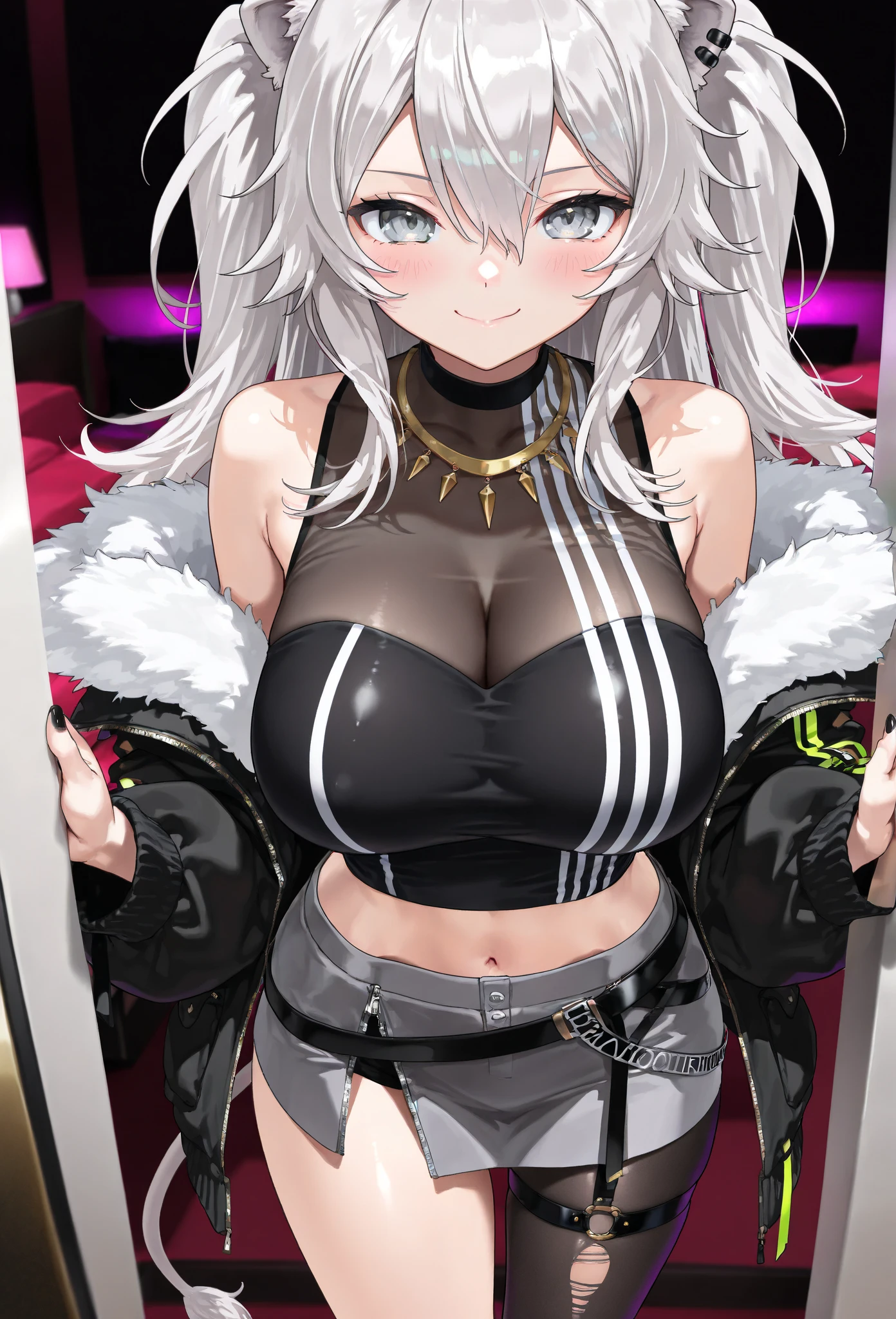 ((((Representative work 3.0、top-quality、Wearing a collar 3.0、Idol Costume 4.0、poneyTail、3 Stand on a glamorous stage.0、Performance 4.0、Skirt、colorful outfit、Beautiful abs、Athlete body shape、Split Abs 3.0、de pele branca、Silver hair 3.0、dynamic pose1.5、large full breasts、Wearing sweat、ssmile、Silver hair、))))、Long body、(((((long legged))))),Whole human body、Realistic skin type、an anime girl、Detailed Digital Anime Art、A seductive anime girl、extremely detailed art germ、a hyperrealistic schoolgirl、Ilyakukvshinov、Smooth Anime CG Art、Ultra Realistic Woman、ig model、ArtGerm、Photorealistic anime girl rendering、digital anime art