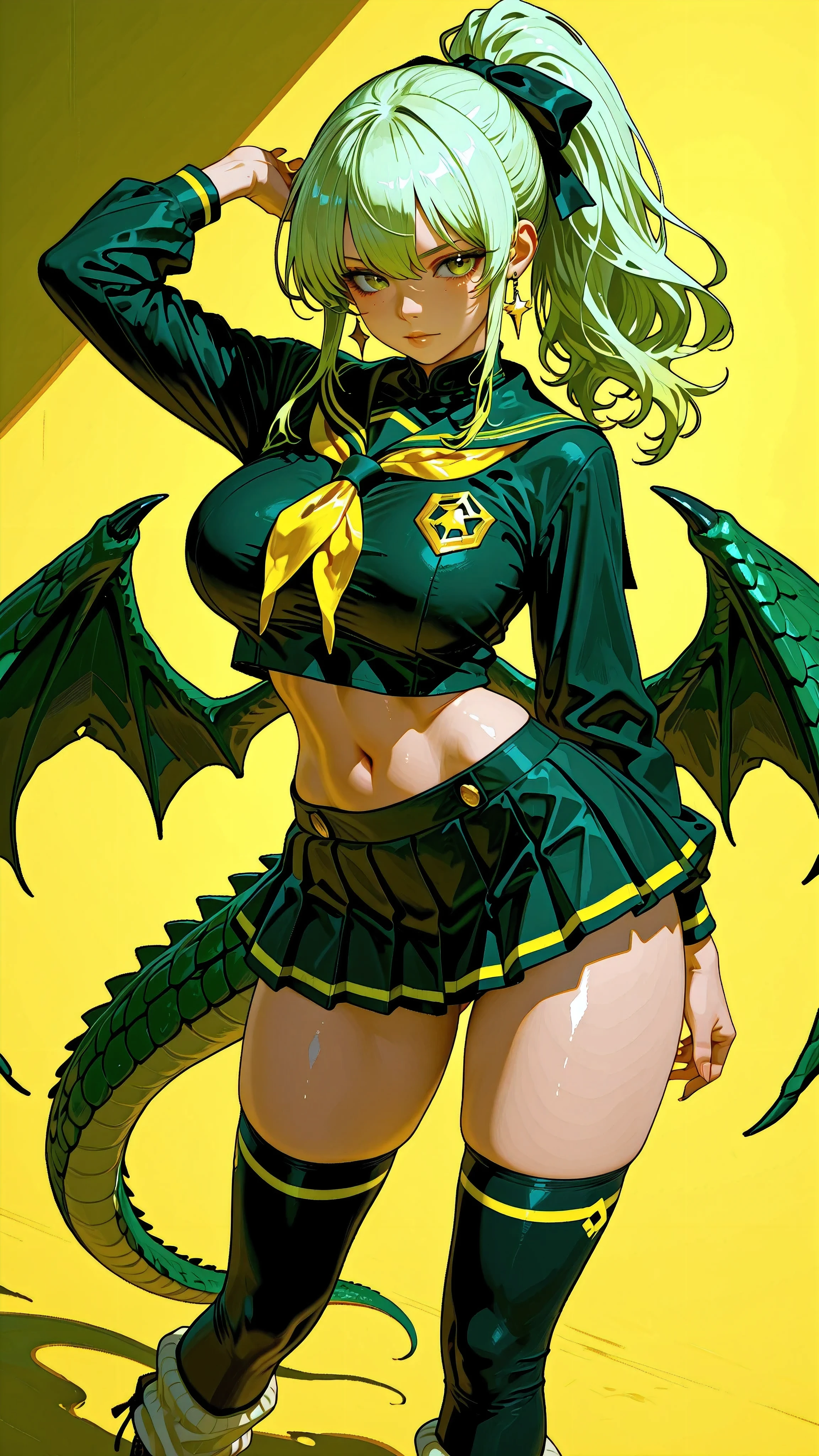 (Very refined),Distorted Daredevil Alligator Gal Girl is characterized by,fine,Very thin ,is characterized by having sharp green gray eyes with a fearless face that has never been seen,(Isekai School Background:1.2),(tall),(166cm:1.1),BREAK BON CUBON,EXTRA BIG BREASTS,tight, muscular body,Tight Lower Stomach,(Thick toes and soles:0.9),BREAK Smooth, Shiny, Light, and Beautiful Skin,(light green,gray,yellow,multicolor,Gradient Colored Hair Girl),(ferocious side long ponytail hair),Sharp bangs,BREAK (The strong light green and yellow tsundere little devil mode long sailor coordination),(Magnificent, ultra-precise clothing with a crocodile feel for each joint),Big fluttering filet-shaped ribbon,BREAK (Detailed Gothic Sailor Short Skirt),Wacky Crocodile Gal Short Boots,Little Devil Crocodile Loose Socks,BREAK Inner Scaled Pichi Pichi Thigh High Socks,Little Devil's Small Waist Wings Made of Crocodile Scales,Amazon Earrings,BREAK (Alligator Gal Makeup:0.8),(active pose),(Flat Side Angle:1.2),BREAK (God's miracle masterpiece:1.2,BREAK Highest quality,high quality:1.2,Unity 8k)