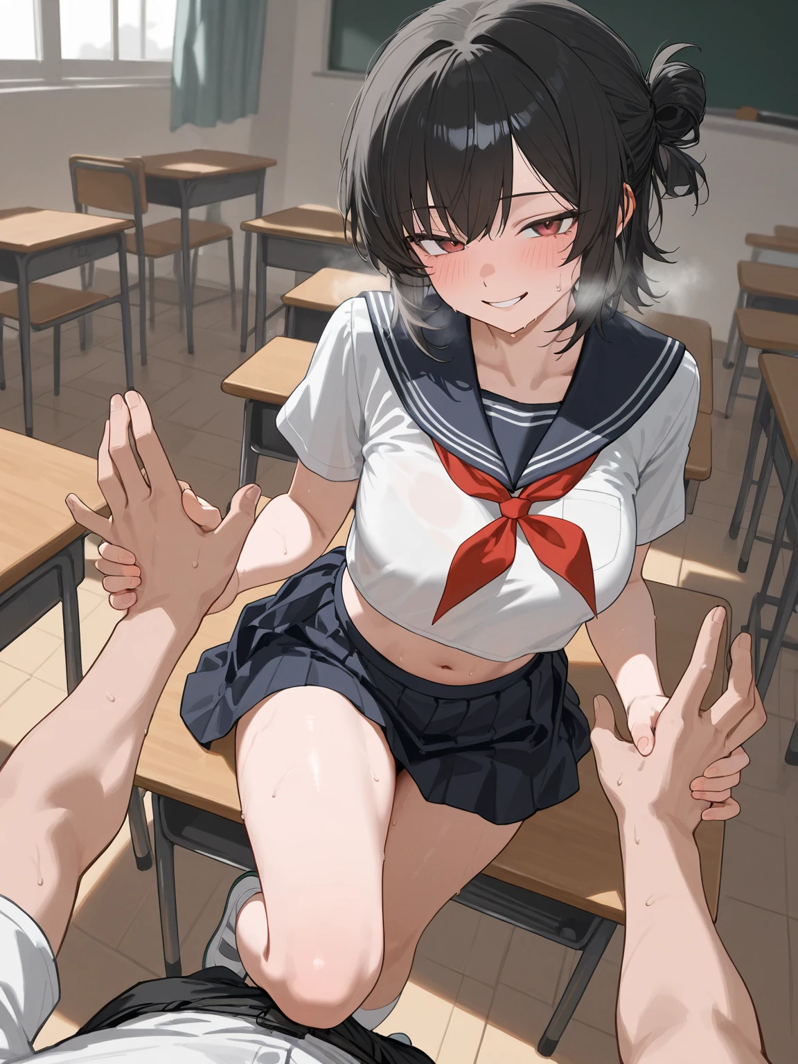 Licking a man's chest,handjob,side view,face focus,open mouth,tongue out,cum on tongue,(1girl,Beautiful 14 year old girl),((Slender,Small breasts,Baby Face,Small face,)),looking at viewer,Black Hair,bangs,two side up,Gray Eyes,Drooping eyes,slit pupils,narrow eyes,,Short sleeve shirt,Grey checked tie,Grey checked mini skirt,Navy blue socks,Beautiful and detailed anime art,Mischievous smile,Dimly lit room,Simple Background,Gray background,Low lighting