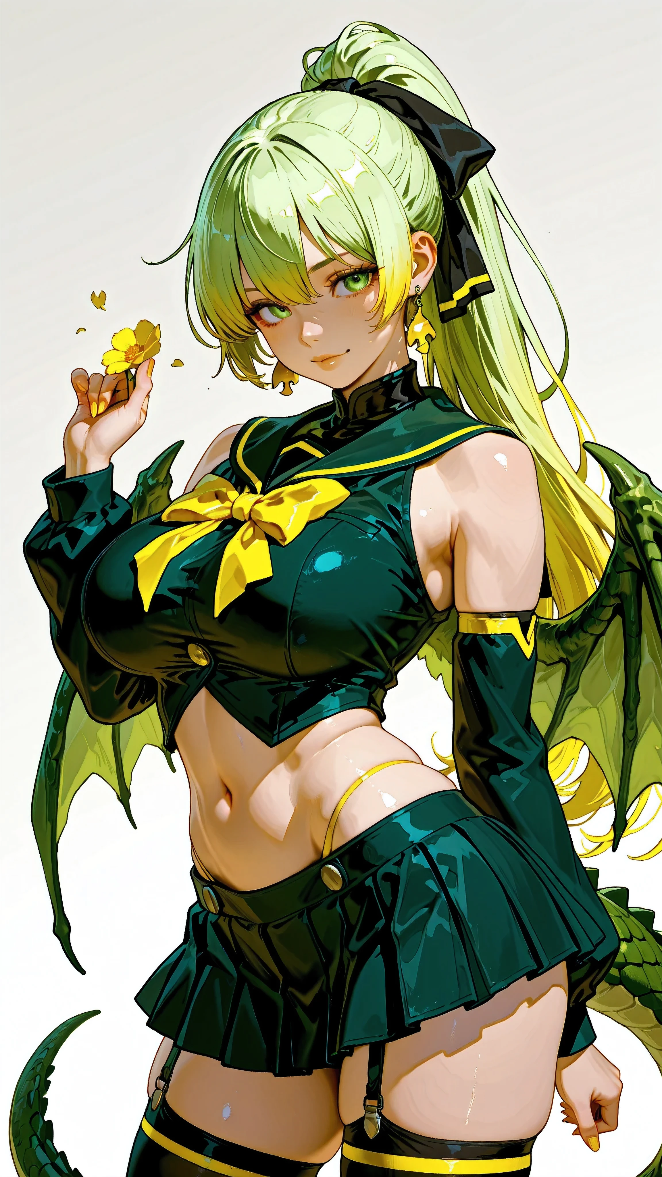 (Very refined),Distorted Daredevil Alligator Gal Girl is characterized by,fine,Very thin ,is characterized by having sharp green gray eyes with a fearless face that has never been seen,(Isekai School Background:1.2),(tall),(166cm:1.1),BREAK BON CUBON,EXTRA BIG BREASTS,tight, muscular body,Tight Lower Stomach,(Thick toes and soles:0.9),BREAK Smooth, Shiny, Light, and Beautiful Skin,(light green,gray,yellow,multicolor,Gradient Colored Hair Girl),(ferocious side long ponytail hair),Sharp bangs,BREAK (The strong light green and yellow tsundere little devil mode long sailor coordination),(Magnificent, ultra-precise clothing with a crocodile feel for each joint),Big fluttering filet-shaped ribbon,BREAK (Detailed Gothic Sailor Short Skirt),Wacky Crocodile Gal Short Boots,Little Devil Crocodile Loose Socks,BREAK Inner Scaled Pichi Pichi Thigh High Socks,Little Devil's Small Waist Wings Made of Crocodile Scales,Amazon Earrings,BREAK (Alligator Gal Makeup:0.8),(active pose),(upper body angle to make flowers bloom:1.2),BREAK (God's miracle masterpiece:1.2,BREAK Highest quality,high quality:1.2,Unity 8k)