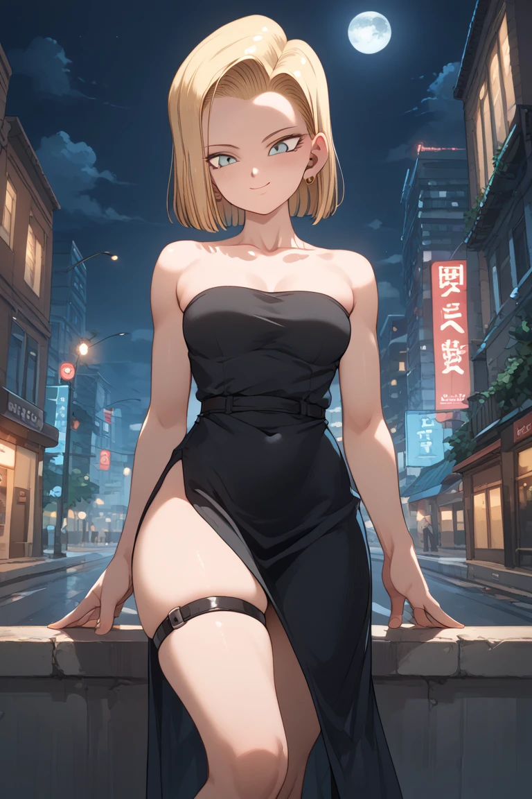 best quality, highres, and18, 1girl, android 18, solo, blonde hair, blue eyes, short hair, earrings, jewelry, medium breasts, cowboy shot, street, (She wears a red evening dress with a slit showing her leg., sunset,