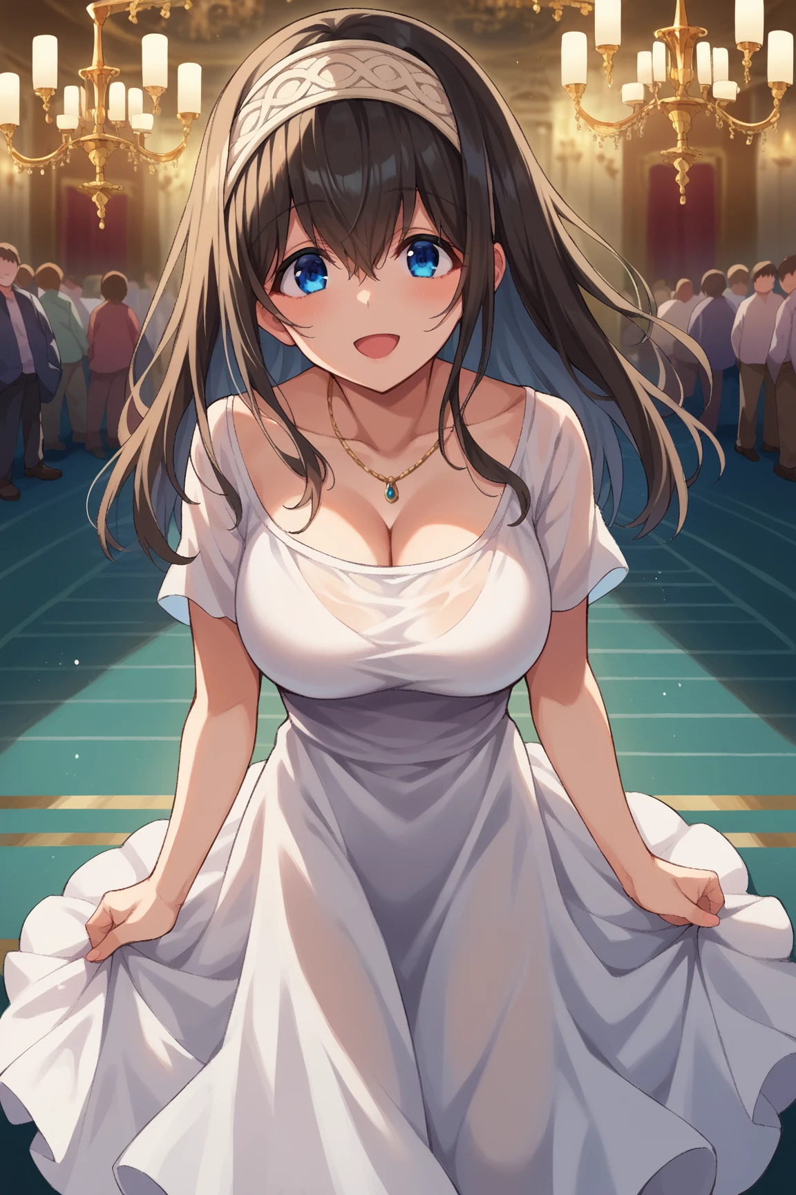nozomitoujou, nozomi toujou, green eyes, brown hair, curly hair, breasts, masterpiece, best quality, high resolution, beautiful detailed eyes, extremely detailed face, good lighting, detailed CG, messy hair, glossy lips, light smile, ballgown, ballroom, cleavage, necklace, pendant, earrings, jewelry, high heels, standing, (crowd of dancers)
