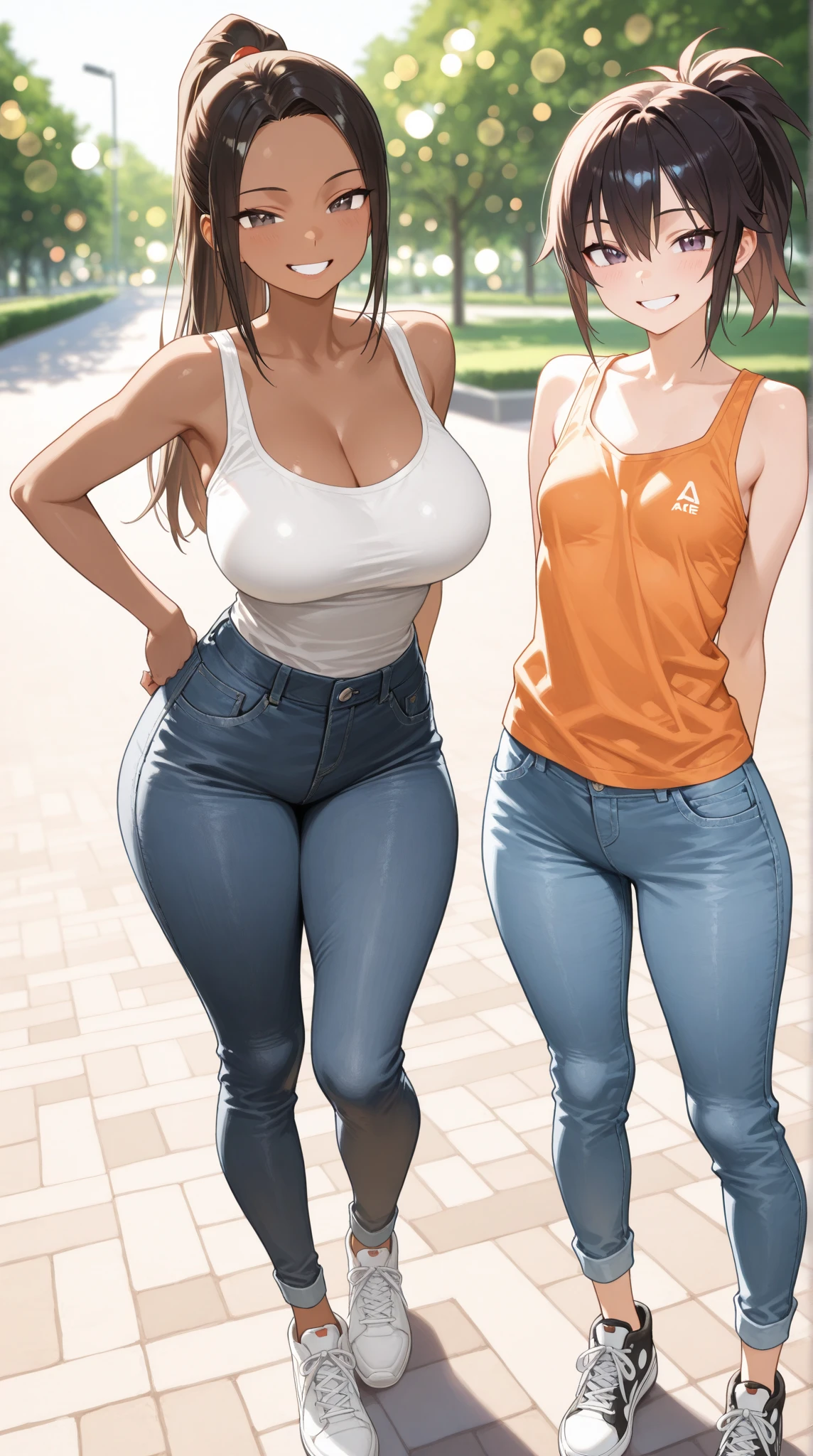 ((highres)), Masterpiece, high quality, best quality, beautiful, perfect lighting, detailed face, ultra cute face, ((2girls)), ((blush)), one girl has blonde hair, blue eyes, crop top and shorts, one girl has brown hair, green eyes, jeans, white shirt, tight clothes, simple background, medium breasts, cleavage, ((wide hips)), (thick thighs), chubby, chubby belly, arms behind back,