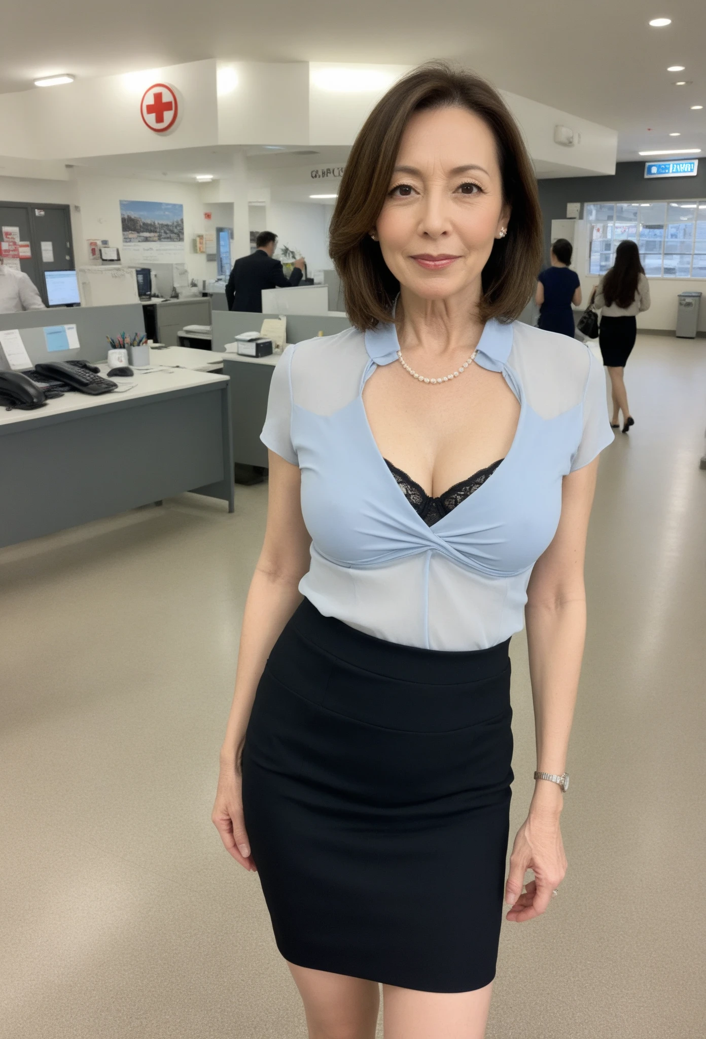 a mature beautiful japanese woman in her 50s, anti-gravity environment, small breasts, sexy cleavage, delicate lines, beautiful lips, wearing red lipstick, low ponytail, politician, member of parliament, parliament, wearing suit, tight buttocks, (best quality, 8k, highres, ultra-detailed, photorealistic:1.37), (mature woman, lady, middle aged woman, 55 year old married woman)