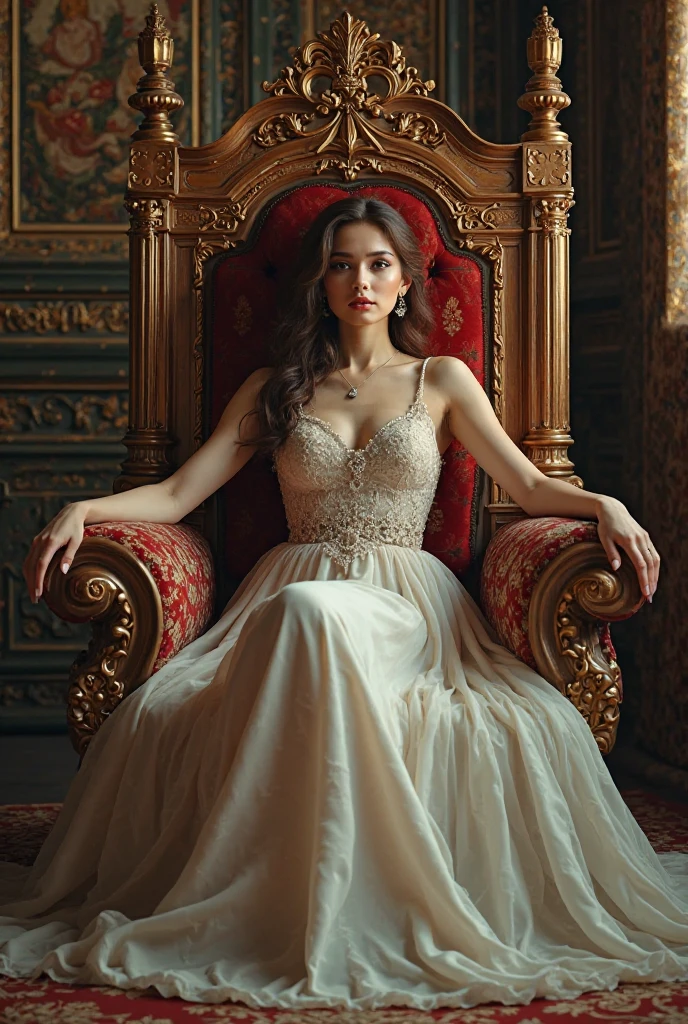 Dominatrice en robe de princesse, assise sur un trône, avec des accessoires bdsm tout autour.