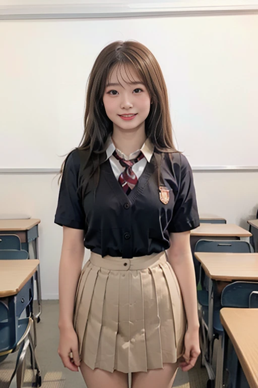 A cute girl, straight brown hair, wearing a short sleeves white shirt and gray mini skirt, is sitting in a classroom studying. She is writing in an open book with a pen, and her face is clearly visible with beautiful black eyes and a light smile. The classroom has desks, chairs, windows, and a blackboard. The setting is winter, and the photo is highly detailed, ultra-high resolution, and photorealistic. The girl looks cute and beautiful, and the image quality is top-notch, with 4K and 8K resolution, capturing the scene with a 35mm lens at f/1. The photo should look like a commemorative photo, with the best quality and ultra-detailed. The girl should be posing in various ways, looking natural and realistic. The setting should be in a school located in a city or town.