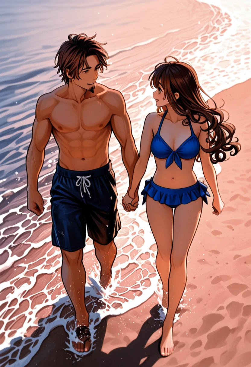 A couple running after each other on the beach The couple is wearing short clothes The girl has big hips The sunset is going on