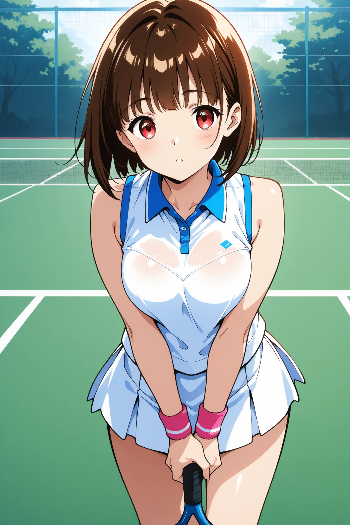 tennis girl's massive nipples out of topless bow tie out bare and wet pants spreading her legs, wearing oven mittens behind head, blindfold