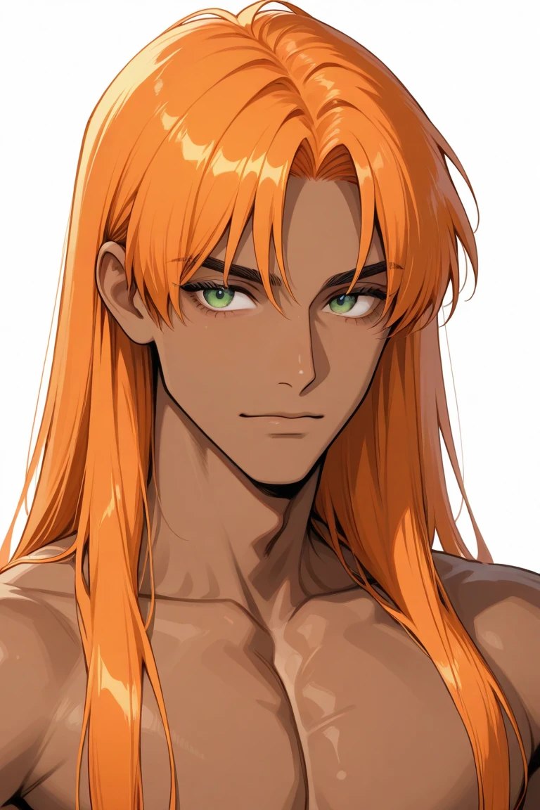 best quality, high resolution, (((clean background:1.5, white background:1.5))), Extremely detailed eyes and face, Portrait of a man, Stand quietly, ((((male)))), solo, ((((medium length hair:1.5)))), ((sharp eyes:1.5, naughty expression, Smiling showing four fangs)), ((not wearing clothes:1.50)), (((nude:1.50))), (((no breasts))), upper body, van pose, (((light orange haircolor:1.15))), (((yellow eyescolor:1.20)))