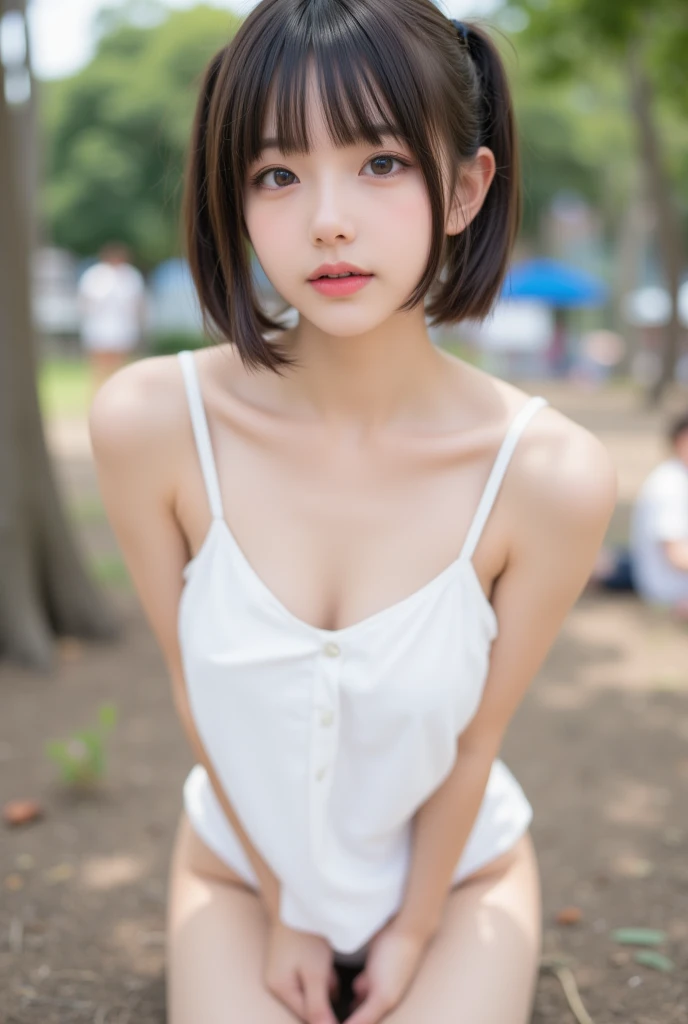 NSFW, ((Top quality, 8k, masterpiece: 1. Perfect body beauty: 1.4, Slim abs: 1.2, Beautiful woman with slim abs: 1.3, (Highlight haircut, A cup: 1.2), Flat chest, Very small , Round shaped , Saggy , (Sexy pose) , (((Fully naked, Nothing on: 1.3))), Ultra detailed face, 15 years old, Beautiful woman, (Dark brown short hair), Slim face, Highly detailed face and skin texture, Highly detailed lips, Open legs, Long shot , Sitting, Squatting, , Big nipples, ((Open pussy), (Spreading genitals), ((Anatomically correct, Small pussy)), Vaginal opening, Clitoris, ((Urine flowing from crotch)), Twin tail hair, (Park with blurred background), Light background, Sunset light,