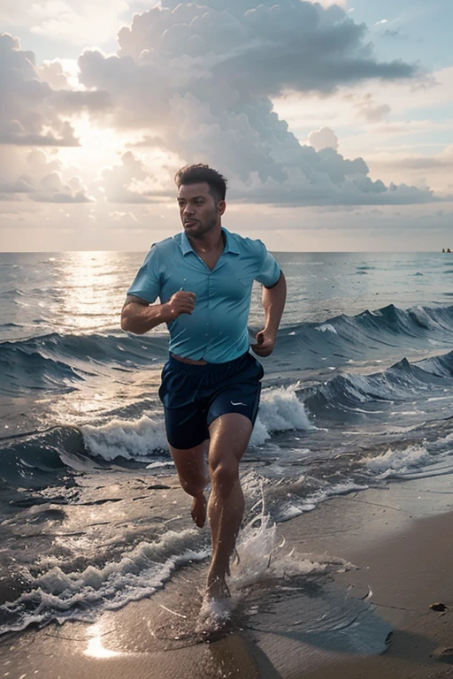 There is a man who is running on a beach in shorts and a shirt.