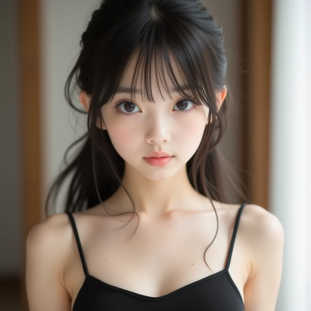 (1 nogizaka girl,raw photo,photo realistic:1.5),(best quality, high quality,HDR, highest quality,ultra high resolution,high resolution,high res,ultra high difinition,huge file size,8K,2K wallpaper,8K wallpaper,high quality texture,amazing,an extremely delicate:1.4),one girl, Japanese famous idol,beautiful face,small face,absurd,ridiculous,incredibly ridiculous,portrait,breasts close up,blurry background,(school swimsuit,cleavage,no makeup:1.2),medium skin,beautiful skin,detailed skin,small head,black hair,silky hair,(Japanese eyes,round eyes:1.5),detailed eyes,black eyes,Japanese idol eyes,perfectly propotioned face,Japanese nose,5-fingers,(Light Particles, Lens Flare, Luminous Particles: 0.7),looking at viewer,bright lighting,professional lighting,girl