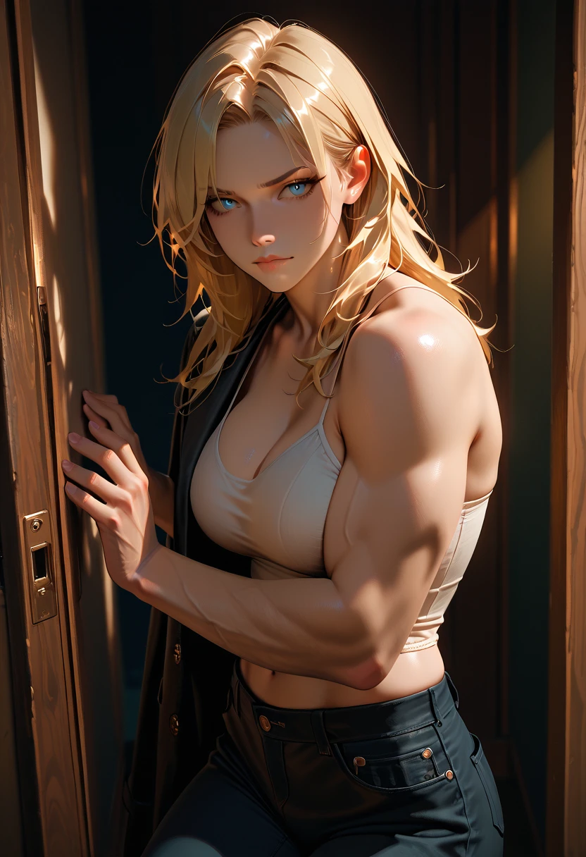 portrait of a gorgeous European blonde woman, age 23, wavy hair.
She's dressed up in an old, dirty, torn white cotton shirt. Below, a wide brown high-waisted skirt. She wears a leather cartridge belt around her waist. A brown dusty cowboy hat on her head.
She’s standing at night, in a dark cave, only lit by wood torches.
perfect eyes, perfect hands, perfect body, perfect hair, perfect breast, hair behind ear, blurry foreground, UHD, retina, masterpiece, accurate, anatomically correct, textured skin, super detail, high details, high quality, award winning, best quality, highres, 16k, 8k,
sultry look, seductive,