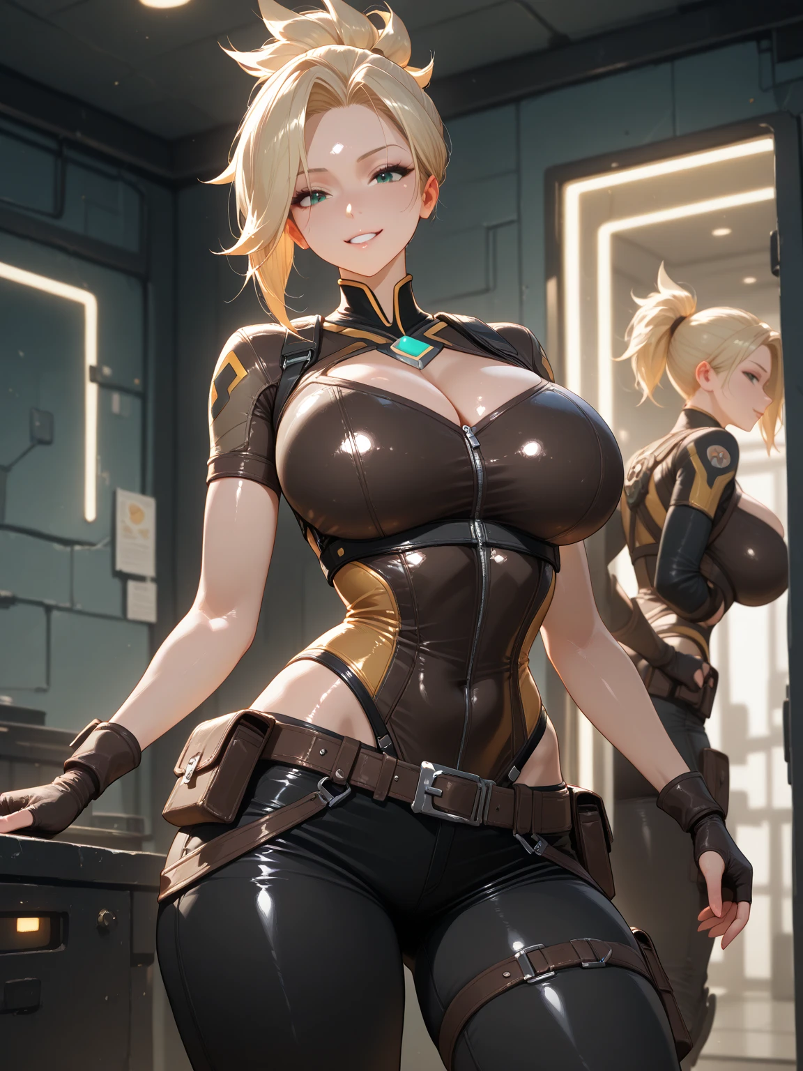 Busty matte black robot girl with yellow details