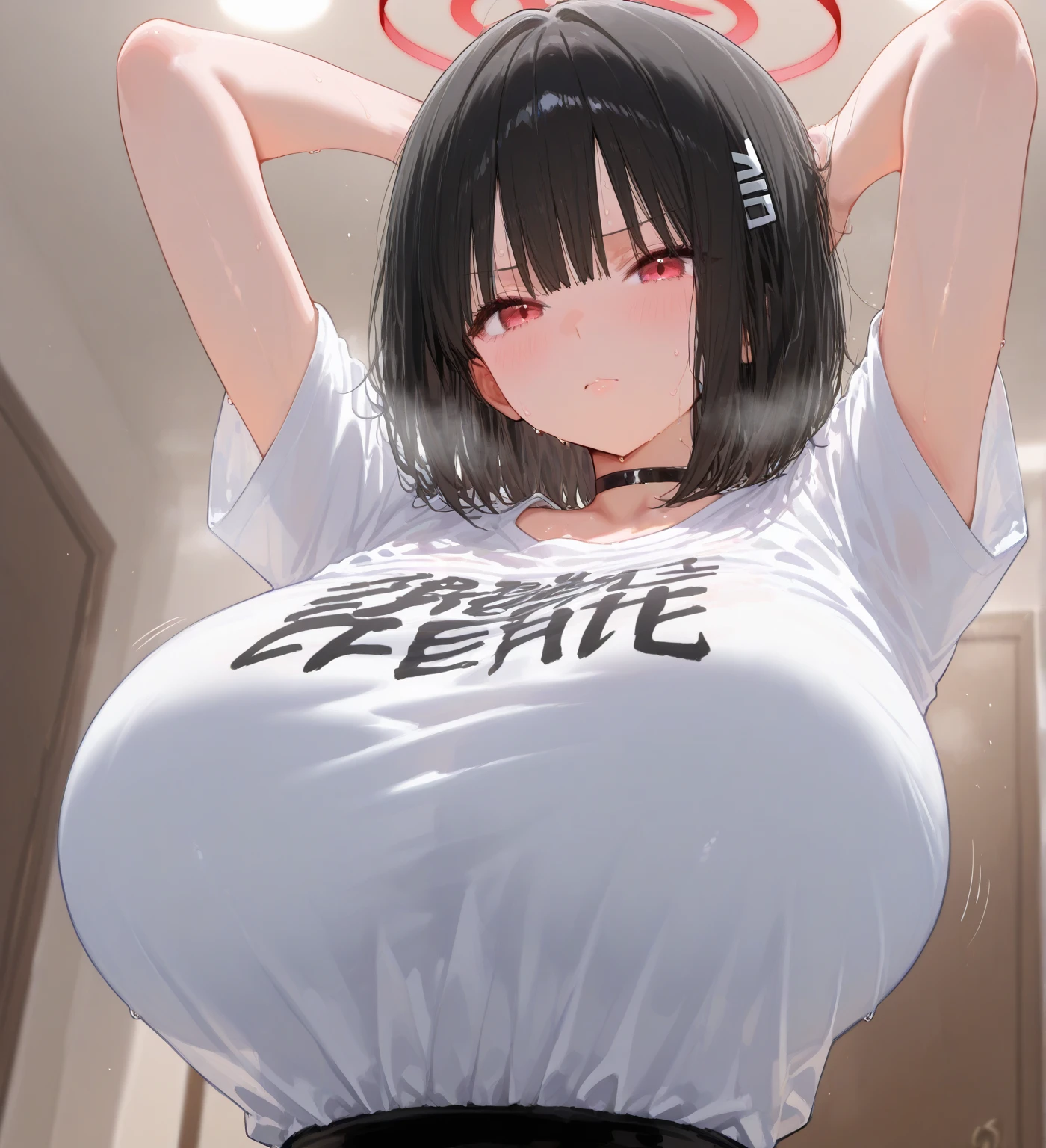 Anime Kawaii sexy Perfect Slim sensual body large breast and huge thighs, An intricate and highly detailed illustration of anime (Young girl) 20 years old,1 girl, extremely thick thighs, surreal, 8k, (8k extremamente detalhado), (Very delicate and beautiful), (work of art), (best qualityer:1.0), (ultra-high resolution:1.0), (work of art, highest quallity), cute,Bblack hair,Laughing with your mouth open,shining skin,, short sleeved shirt,leaning forward,reaching,Low - Angle,