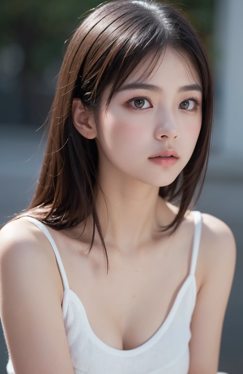 random pose, mix4, (8k, RAW photo, best quality, masterpiece: 1.45), (realistic, photorealistic: 1.37), one girl, cute, cityscape, night, rain, wet, professional lighting, photons mapping, radiosity, physically based rendering, gradient black hair, gray hair, short curly hair, handsome, girl, Deep V-neckline slip dress, top quality photo, high res, 1080p, (clear face), (detailed face description), (detailed hand description), (masterpiece), (exquisite CG), extreme light and shadow, disheveled hair, master work, rich details, (fine facial features), (highest quality photo), (masterpiece), (detailed eyes), look in front of you eyes, fine clavicle, ((large breasts)),