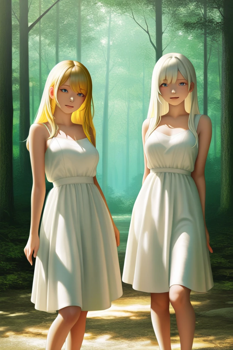 (((david hamilton:1.37))), Perfect eyes, 18 year old female twins, Real, Best Quality, Photorealistic, masutepiece, 8K, HDTV, (Detailed beautiful Face), (Soft lighting, Bokeh、wide Shots), (light Particle:1.3, Lens Flare, Luminescent particles: 0.6), (Dynamic Pose: 1.2), Forest Lakeside、(Dark dawn)、morning glow、(florals)、Flower wreath、butterflys、foggy、Strong wind is blowing、(Fantastic atmosphere)、Detailed wet porcelain skin textures、wet thin lace bodysuit、camel toe:1.3、Transparent veil, Standing, (((Full body:1.25))), gigantic cleavage、(Long hair), ((Twin-tailed)), a blond、Gal, ((Floating hair)), Kissing, Seductive smile, Slim skinny body, Luxury,