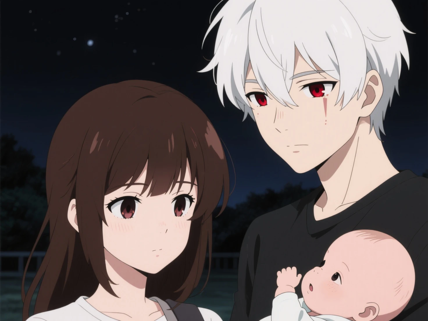 That you notice the most animated phrase in the title of what they asked you before about my little miracle and that the background is dark because it is night and it could be that the anime style is more anime. In other words, it is a little more serious because the one with dark brown hair and eyes that are more delicate than like a woman but is not a woman is not a woman is a man and who has white hair with dark red eyes that you can see one more face to join but not so fused and that the baby Well is a newborn that the image has 1280 × 720 pixels, with a minimum width of 640 pixels