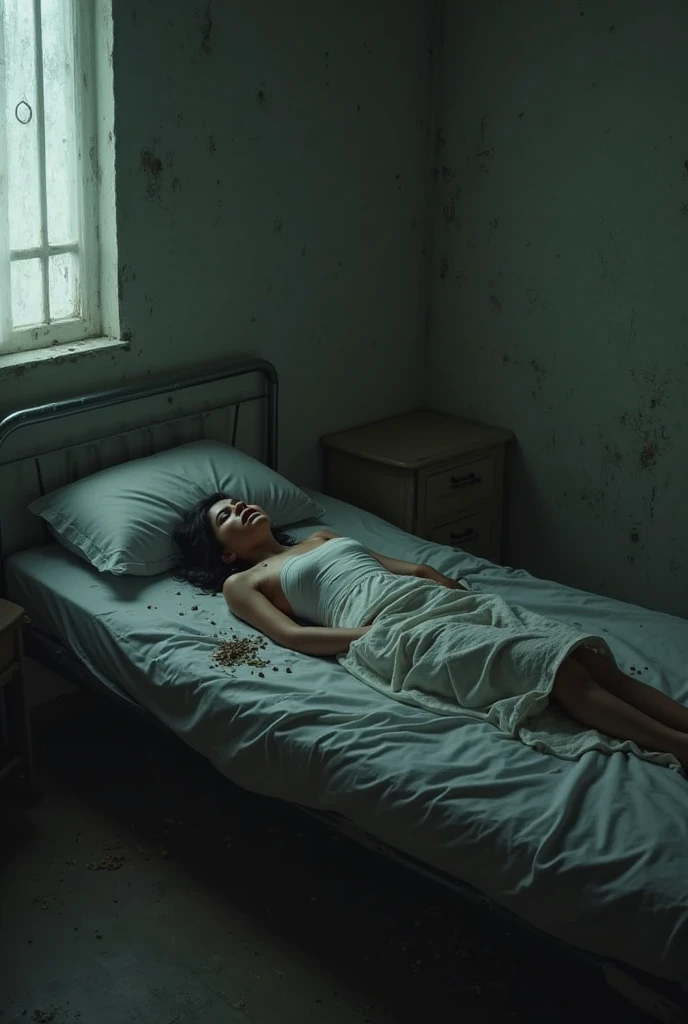 A beautiful 1 girl is tied hand and foot to a bed as she lies in an abandoned hospital.