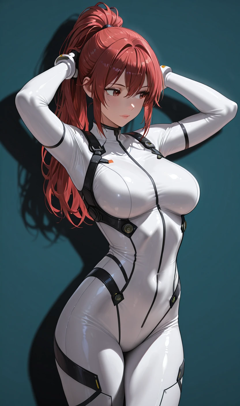 1 Woman Ponytail Hair, long hair, red hair, gray eyes animation, medium chest, medium hips, choker, with a straight face, serious face, black neck length clothing, standin, very detailed, 8K wallpapers