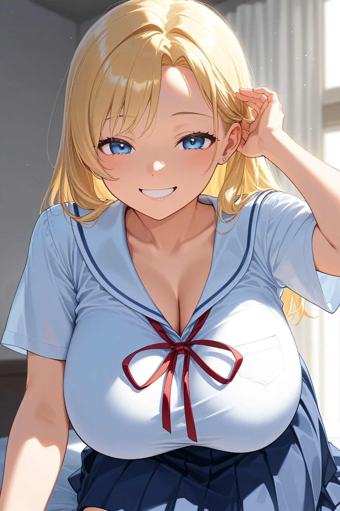 {{{masterpiece}}}, {{{highest quality}}}, {{Very detailed}}, {shape}, lucy heartfilia, Blonde girl with twintails gives titjob, Blonde Hair, Long Hair, Blue Ribbon, Big ample breasts, Earrings, throw, 1 boy, Penis between breasts, My chest feels tight, Wet penis , Cleavage, Bedroom, Sweaty, Big Breasts, Moving lines, Mischievous Smile, belly button,Secretion of milk, milk, get wet, large breasts, black thighhighs, detached sleeves, midriff, cropped vest, strapless, belt, black skirt,