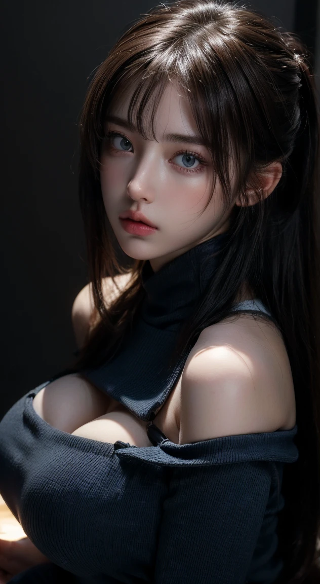 Highest quality, masterpiece, Ultra-high resolution, (Realistic:1.4), RAW Photos, (Real skin texture:1.3), (Film Grain:1.3), Panorama, Portraits, Very wide shot, Tight waist, Cowboy Shot, (In the Dark, Deep Shadow, Modest, Cold Light,) night, close, Tears flow,
indoor, Dust, Tyndall effect, sad, It was a shame, dark (Performance), Sitting, (Against the wall), Are crying, Frowning, (head lowered), Nervous, tear up, ,
One girl, Beautiful and detailed eyes and face, White Jabot, Off the shoulder, Brown eyes,
(Huge breasts:1.2)