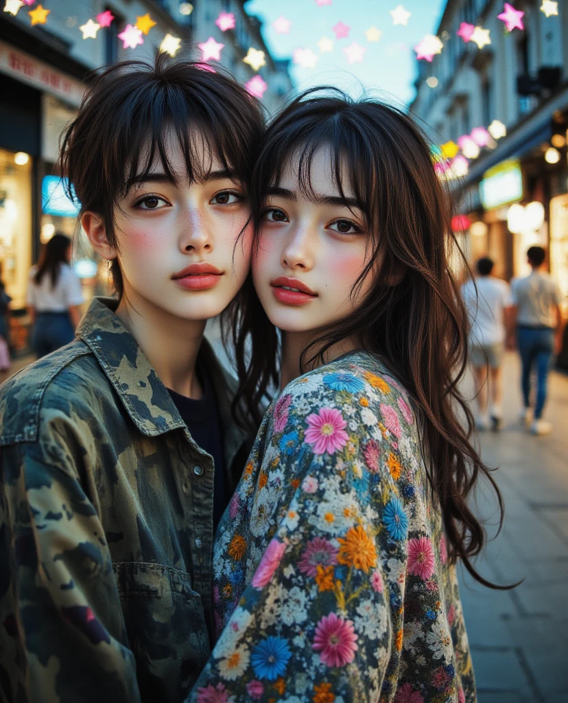She has pink lips，Dress pure campus JK，Thick black hair draped over the ground，He holds a wine glass in one hand，Look at the deep starry sky。