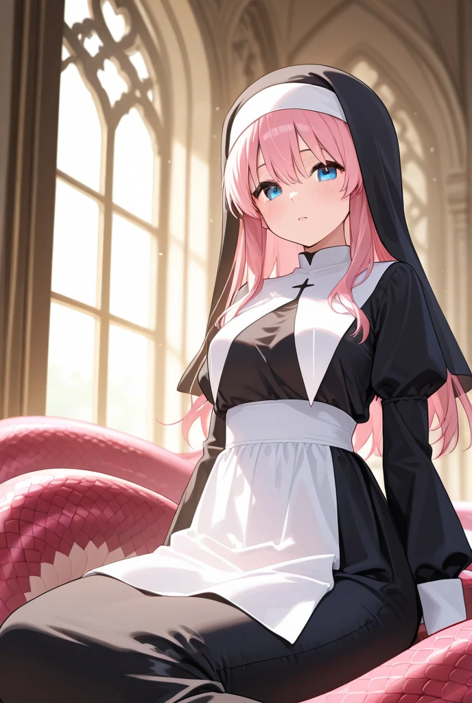 One Girl, Yukinoshita Yukino,
(Highest quality, High resolution, 4K, Detailed lighting, Shaders),
Nuns, Cleavage,
cheese,
smile, blush,
Upper Body, concentrated,
From above, Upward glance,