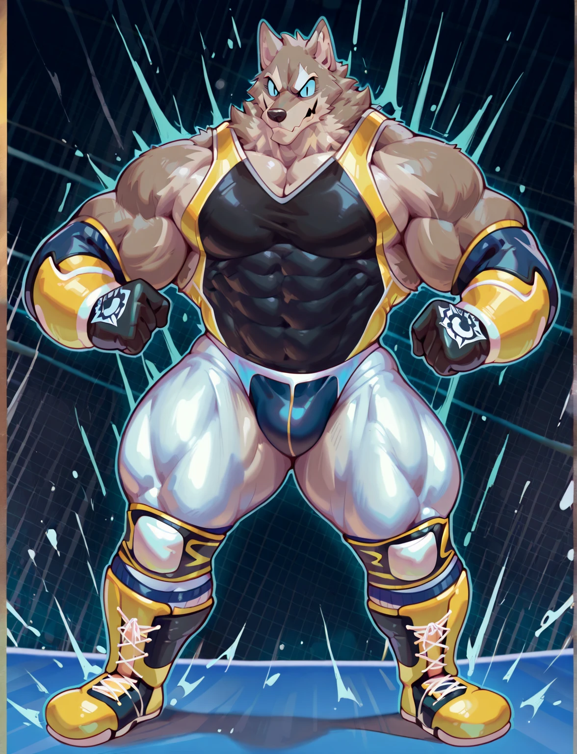 furry，furry art，male，(Golden cow)，Golden clothes，(((Wrestling Clothes)))，Summon thunderbolts，(((Golden lightning chain on hand)))，（City blocks），(Cold expression)，(Cold eyes)，一对Golden cow角，Strong body，Blue eyes，（Best picture quality），（Lots of details），（masterpiece）