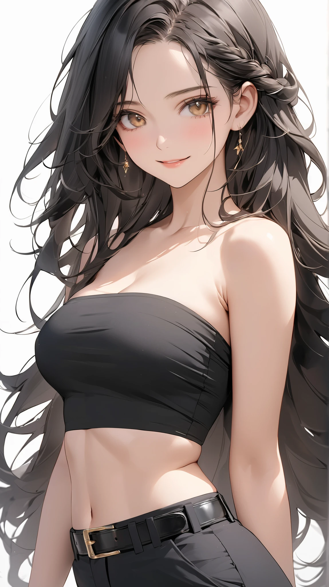 facial details,Semi-realistic , Masterpiece, Master Works, button , 4K, 1woman, Mature body type, Medium Size Chest , straight half hair , Middle parting hairstyle, Big forehead, black hair, golden eyes, gentle smile , wearing a white bandeau, Drawstring, clavicle, Show belt , Wearing formal pants, Standing Position, Strong wind, Messy Hair, Blank Background, white background, high resolution, super clear, 8,000, Masterpiece, watching the audience (Masterpiece), Best quality, expressive eyes, button face