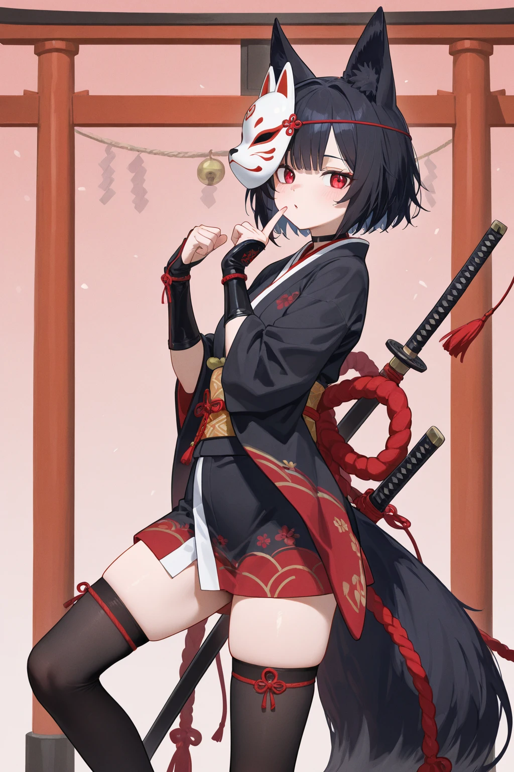 1 person,Black Hair,Short Hair,juvenile,Fox ears,kimono,Shorts,Crimson eyes,Sunburn,Red butterfly motif,Women,Crossdresser
