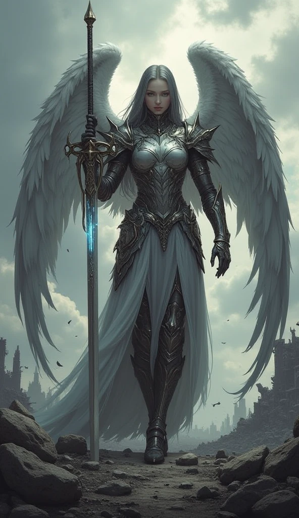 A monstrous deformed white angel with disgusting tentacles and 6 torn wings, covered in blood, black and white armor, sword, long curved horns, dark and huge hair, night, dark environment, darkness, fog