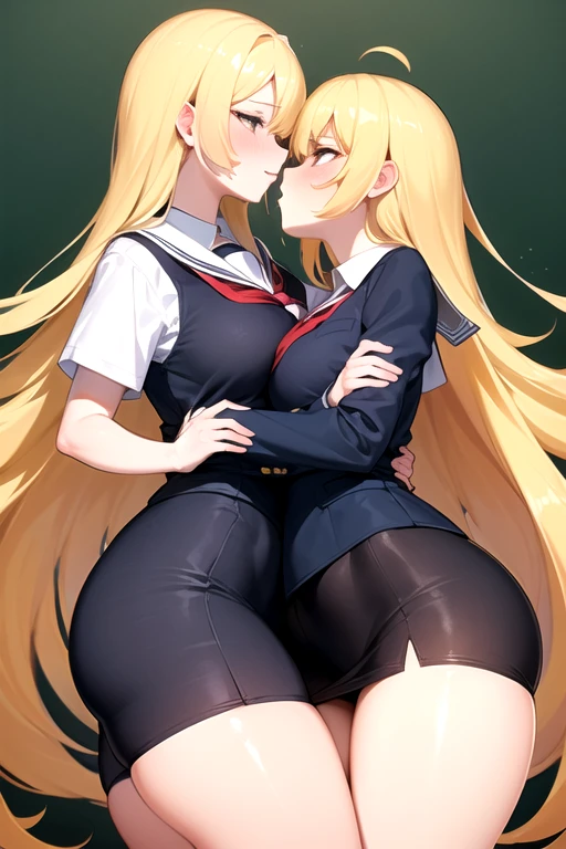 Lesbian (very long loose yellow hair)(big breasts, big thighs)(with  clothes it is very tight) that he is kissing at school with his girlfriend,(big breasts, big thighs)lesbian love