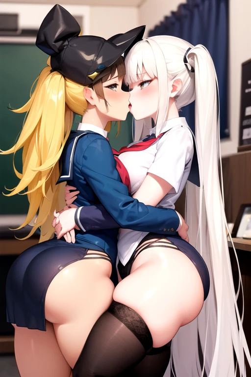 highest quality,wonderful,finely,extremely detailed CG Unity 8K wallpaper,(2girls), (bent over), (Sailor suit), (Light blue striped underwear),(beautiful ass:1.2),(black stockings:1.1),(Thighs:1.1),(close-up shot of hip)