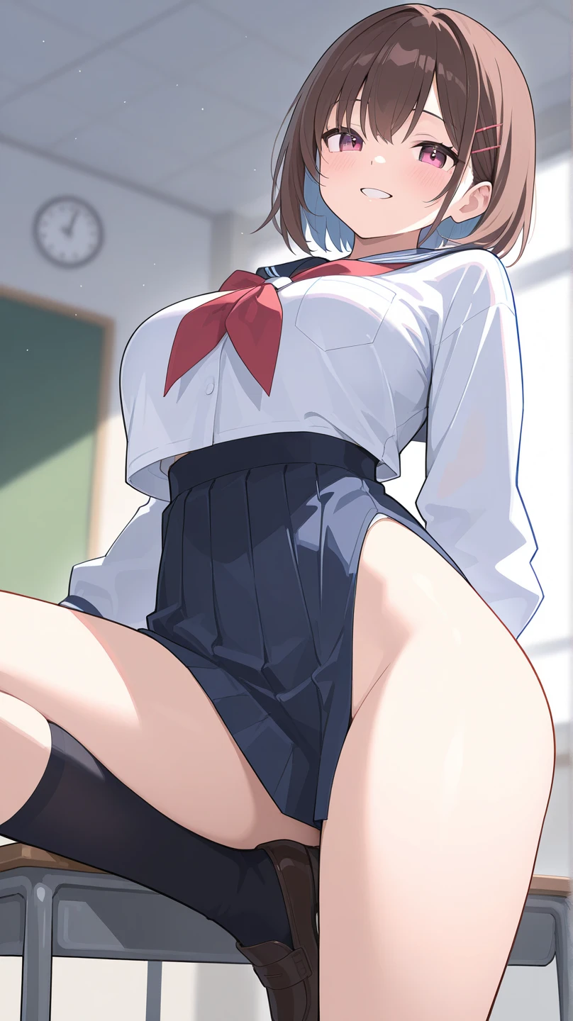 [[anime styled]],[[digitalart]],masterpiece,best quality,high resolution,Tomomi_Xijing,black hair,Short hair,Hair Ribbon,red eyes,midium build,NSFW,1girl in,solo,((sitting on the chair,reclining)),(Portrait),pussy focus,from below,short torso,Perfect Lighting,topless,((nude,nipples,lite blue lace panties)),cameltoe,smile,(underwear:1.2), (strong light),((brighten the subject)),blush,spread legs,   break background classroom,