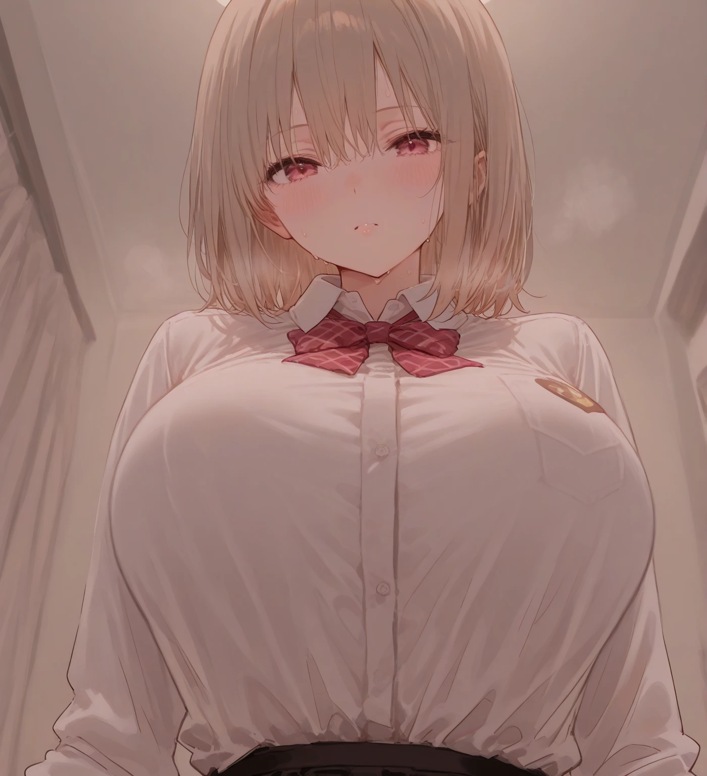 masterpiece, Highest quality, One Girl, game cg nishikigi chisato, Bobcut, Hair Ribbon, White shirt、 Grey pleated skirt,Thin tie ribbon, Long sleeve, Huge breasts, Bedroom, Wink, Are standing,Open your mouth、 smile、From the side:0.5、Eyes half closed