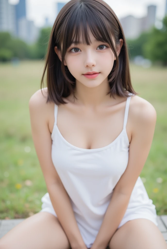 1girl, 20 years old, cute、、big breasts、、cleavage, drop shoulder tee, blush、Happy, shoulder-length hair、revealing clothes、open clothes、clavicle、 delicate、bird’s eye view、highest quality、HD, 16k, Ultra res.realistic:1.4 , UHD