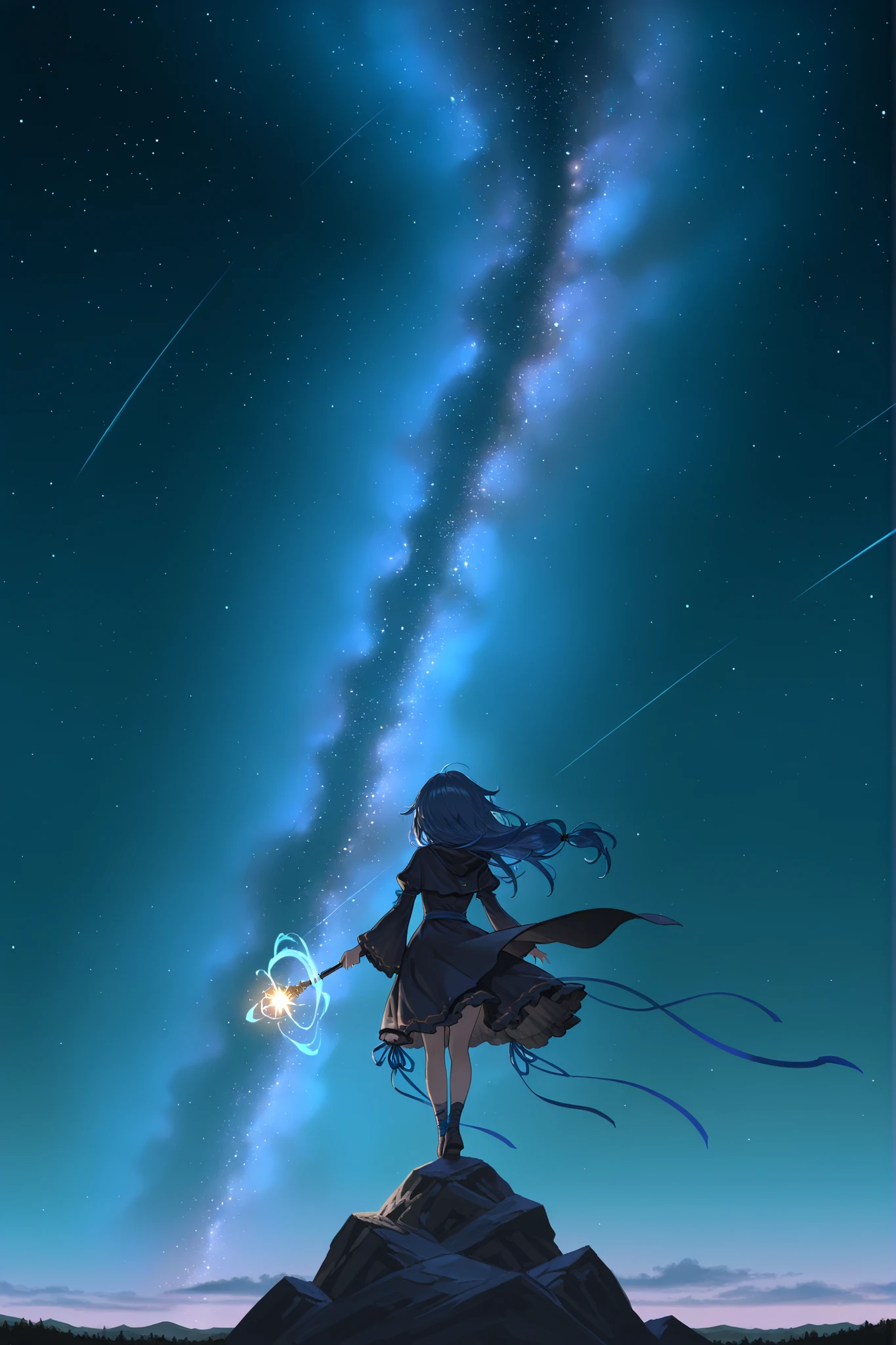 (((Best quality, 8k, Masterpiece: 1.3)), ((best quality)), ((masterpiece)), (detailed), perfect face, perfect body, (detailed skin:1.3), (intricate details), blue hair, witch, magic wand, fantasy, Night view, background (Milky Way), Her hair is tied up with a large silk ribbon