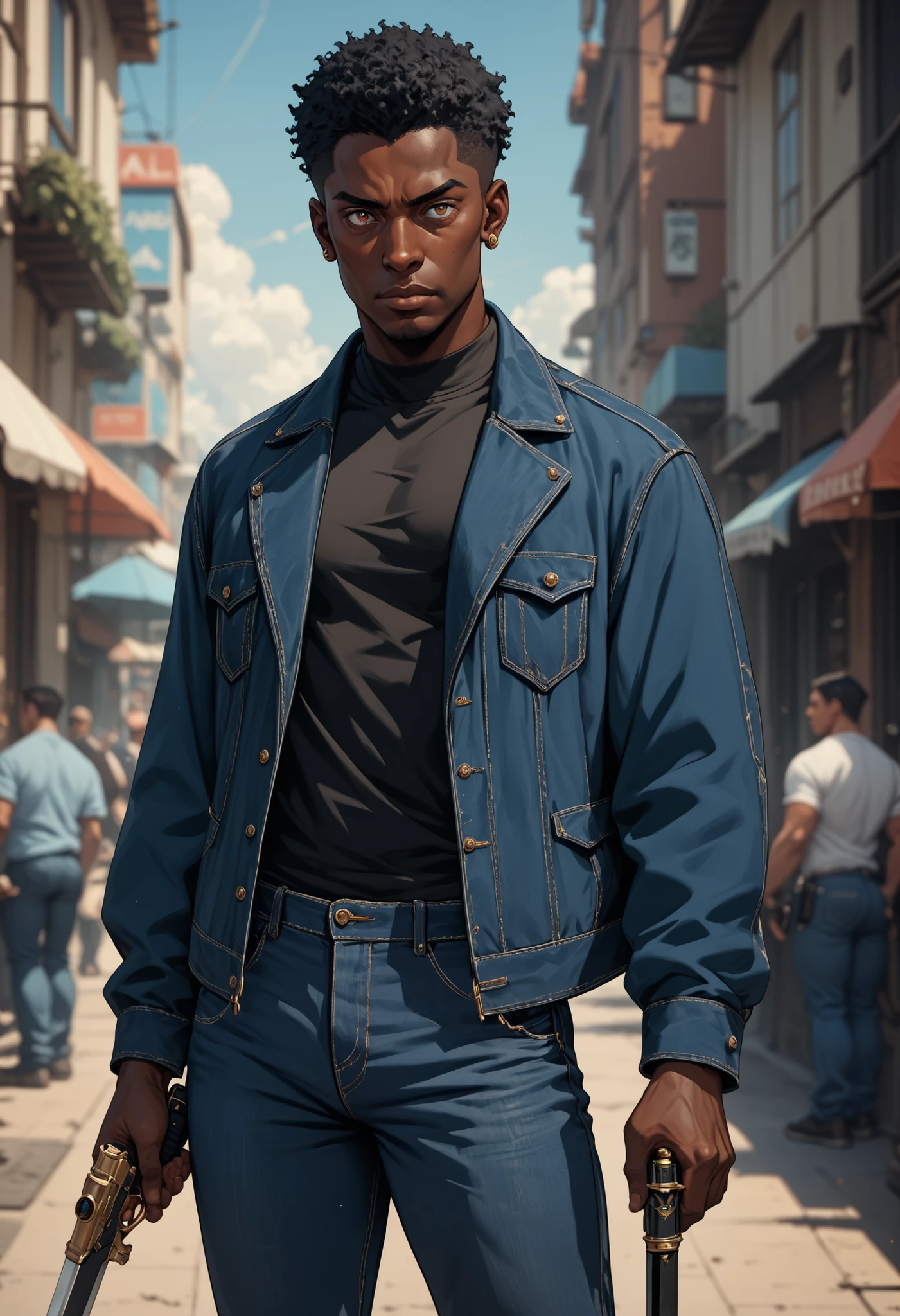, score_9,score_8_up,score_7_up, mature men, African skin, Bright eyes, short black hair, bulk body shape,  wearing a blue jacket and  jeans pants, holding a black sword in right hand, and mystic pistol in the left hand, character design , illustration 