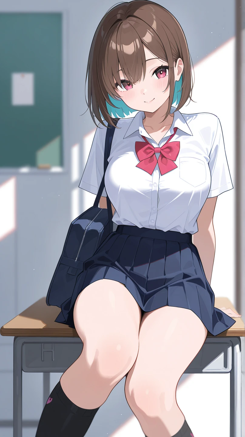 masterpiece, hightquality, 8K, beautiful lighting, 1girl in, 独奏, Akane, (one length bob:1.3),(darkblue hair:1.3), A smile,、student clothes、black thighhighs、White collared shirt、Black pleated skirt、plein air,cowboy shot, looking at the viewers, ,Big breasts emphasis、shiny oily skin with high contrast,Too large breasts, huge long breasts, Naughty big,爆乳、Bursting chest、huge-breasted、pointed breast、red blush、embarrassed from、(Skirt lift:1.3), (White lace panties:1.3)、(Skirt that rolls up:1.3)、(Fully exposed panties:1.5)