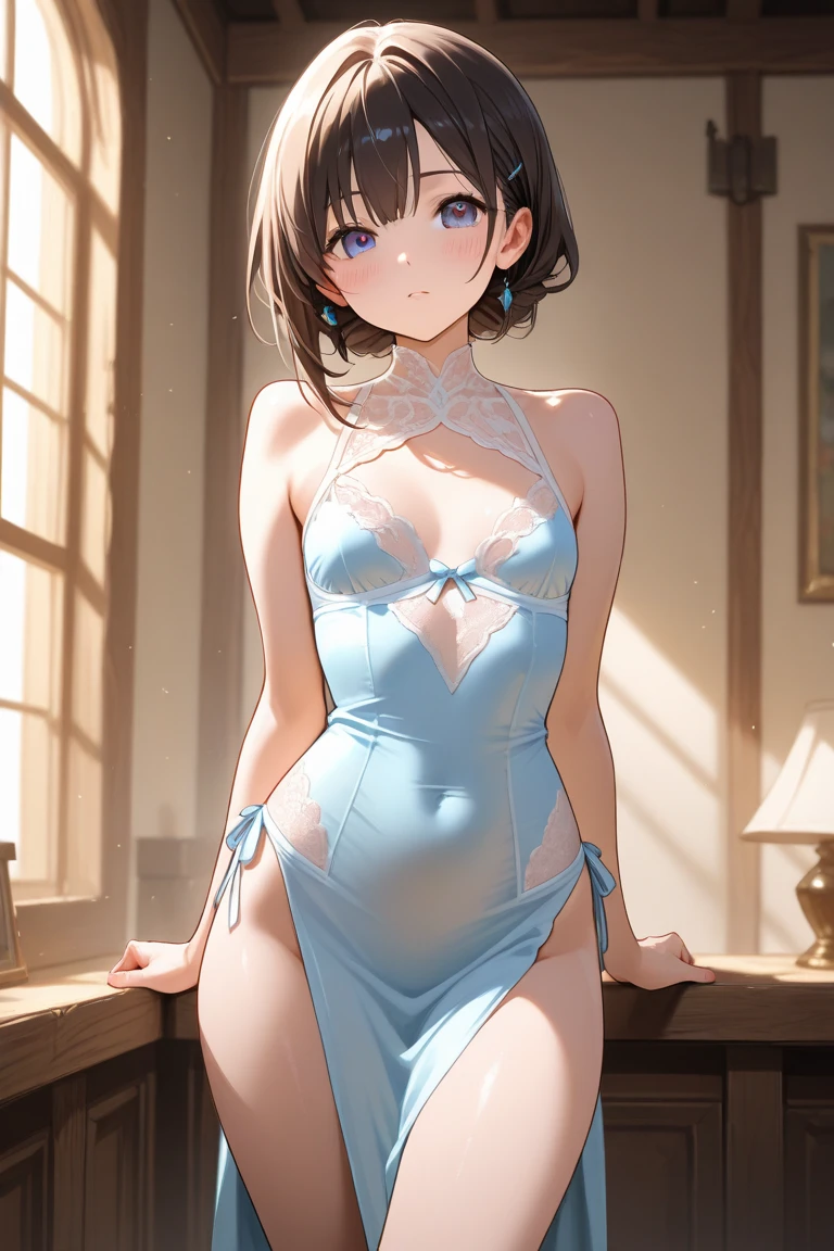extremely detailed wallpaper,sharp focus,soft light,beautiful eyes,perfect anatomy,higher,super detailed,professional lighting,depth of field,detailed beauty face,perfect limbs,highest quality,high resolution,elementary school student,(120cm hig),((small breast)),((black eyes)),girl body,(embarrassing),from below,(whole body),(feet up),(off shoulder,wedding dress)