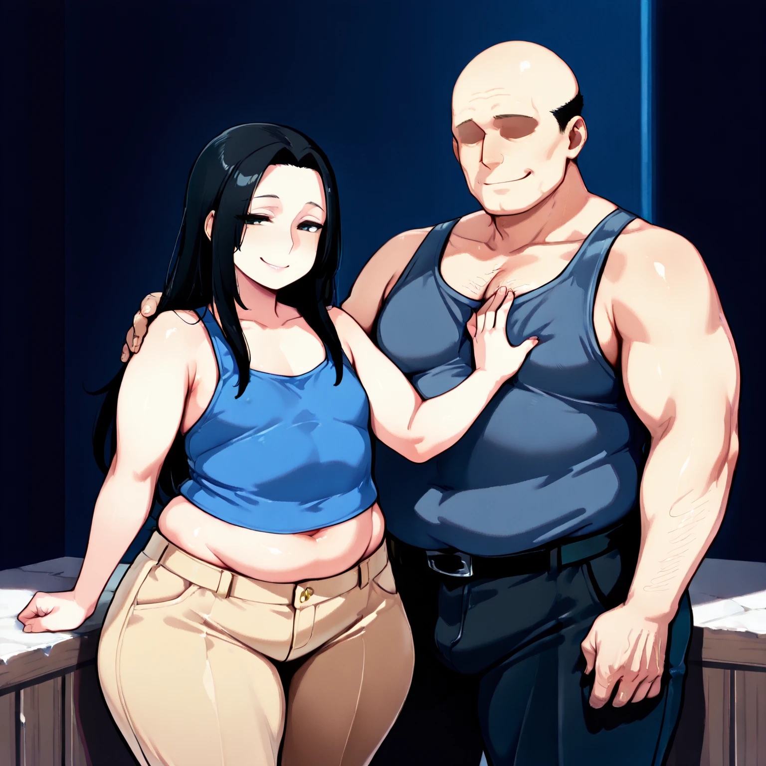 Highly detailed illustration、Ultra-precise expression、masterpiece、Highest quality、ultra High resolution、High resolution、Hiromitsu Takeda Style、White Background、Simple Background、One Girl And One Man、Black Hair、Black glasses、Two short braids、Grey Eyes、Completely naked、Big Breasts、White Breath、Sweat、Glowing Skin、Disliked expression、Embarrassed expression、pubic hair、vagina、Hands in the crotch、stand、Erect nipples、Inverted nipples、Put your hand on his shoulder、Big penis、Big fat man、bald、Erect penis、cowboy shot、Handjob、