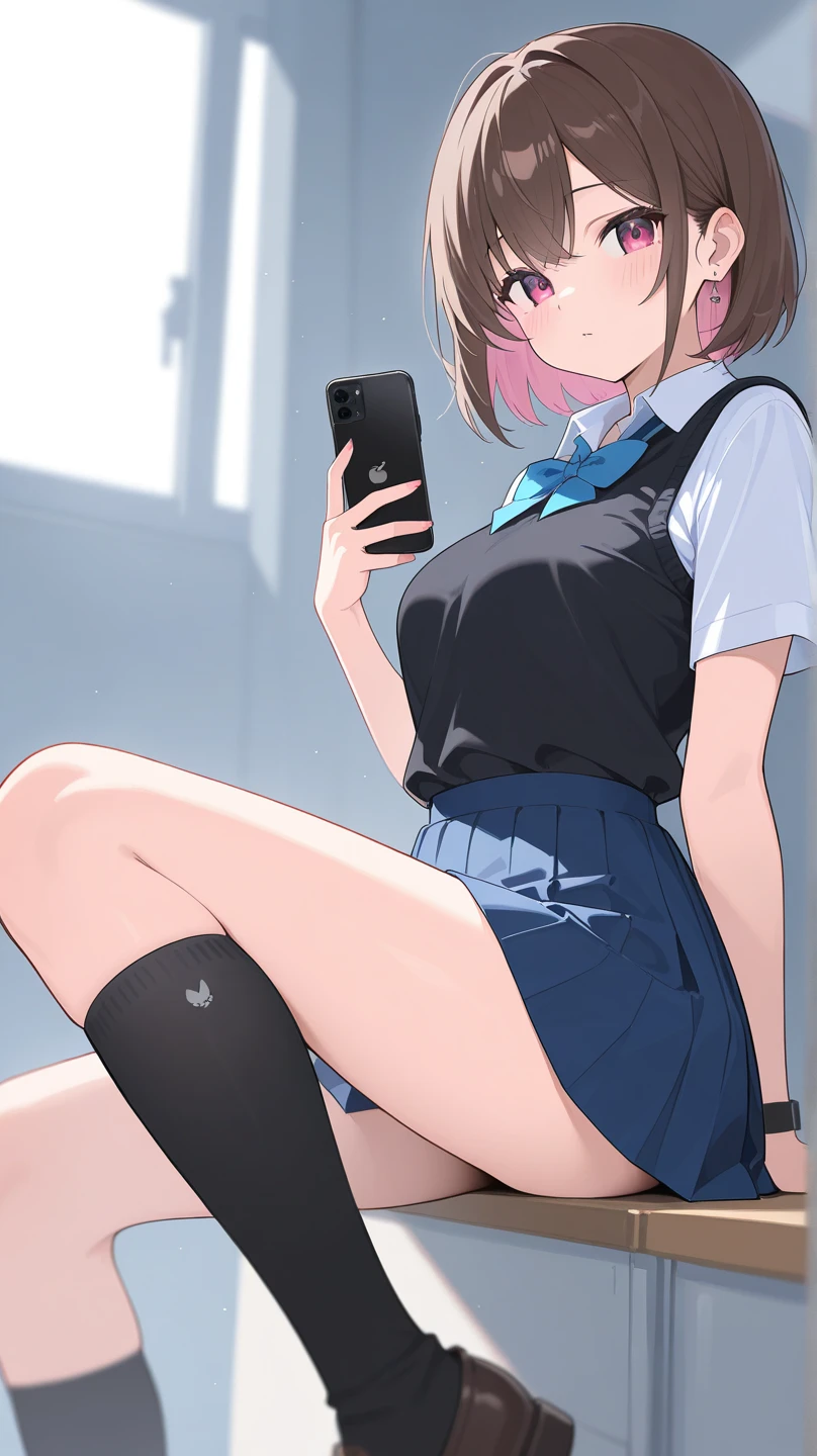 2d, masterpiece, best quality, anime, highly detailed, 1girl, solo, cowboy shot, nakano ichika, pink hair, short hair, seduce smile:1.3, sport uniform:1.3, medium breasts, squatting, spread legs, selfie, bathroom, mirror,