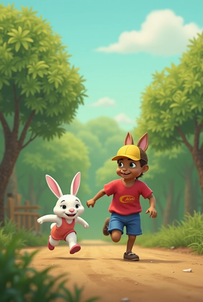 A running boy and his front of a rabbit run and Boy back three boy ran and sunset scene 
