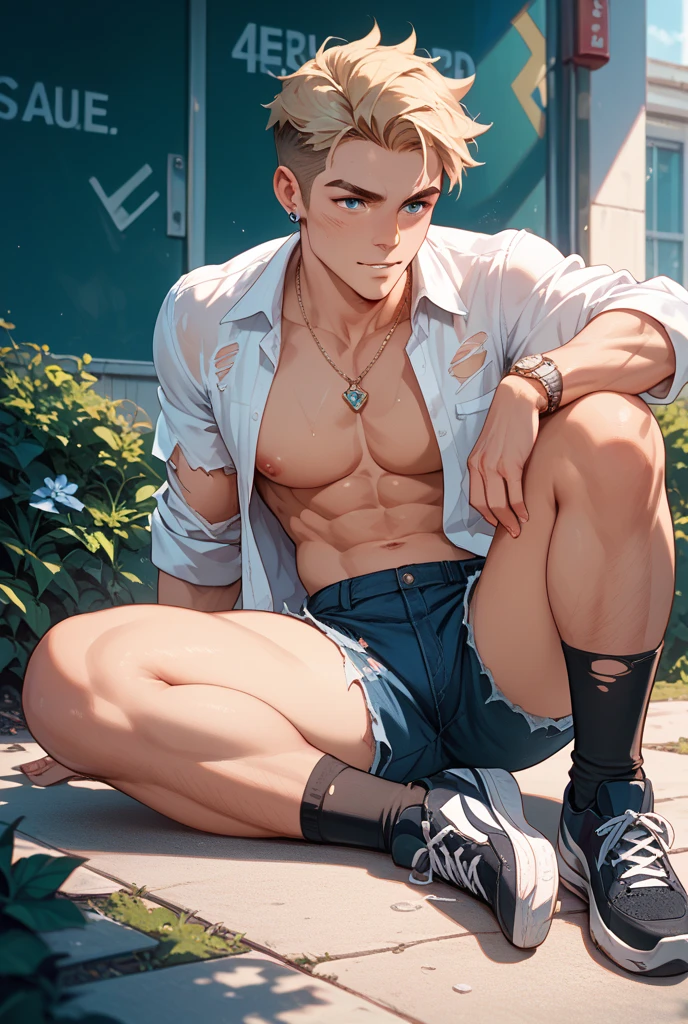 a shirtless 22-year old male wearing jeans, cute, handsome face, six-pack abs, beautiful body, well-defined body, raining, wet in the rain, drenched in the rain, sitting on the bench, in the sidewalk
