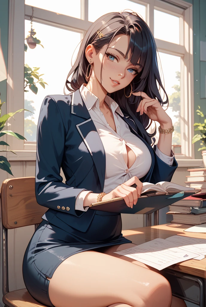 "Best quality, Masterpiece:1.2, absurd, 1 girl, smile, open door, Behind the door, school entrance door, high resolution, ultra detailed, realistic:1.37, vivid colors, studio lighting, bokeh"Sexy teacher in a classroom giving a welcome, with glasses and her hair tied up, very pretty, pointing at the stone and teaching mathematics,  tight and fitted to her body, short skirt and cleavage on display, students sitting in their seats, nice teacher how many anal